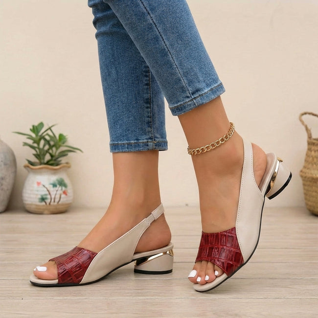 Red FJØRNA embossed peep toe color block slingback block heel sandals for women with open toe and stylish design