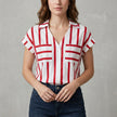 Red striped women's summer blouse with V-neck, casual top by FJØRNA, shown on a model with short sleeves and relaxed fit.