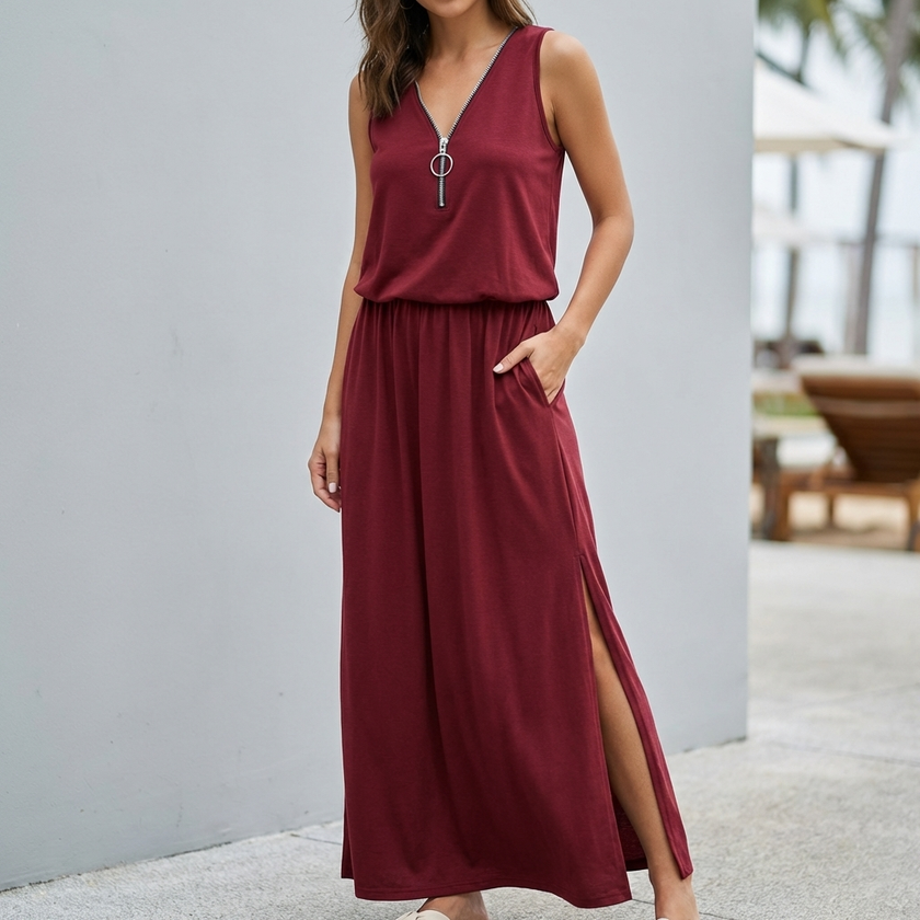 Red FJØRNA relaxed fit sleeveless V-neck maxi dress for women, flowing fabric and ankle-length design, perfect for casual wear.