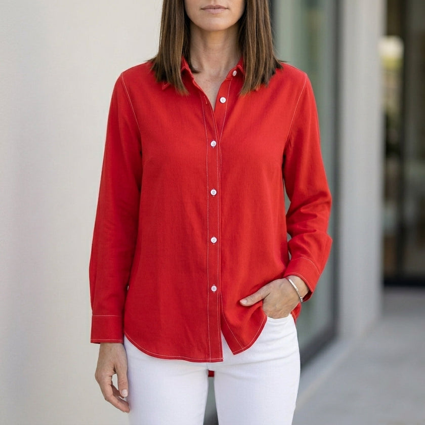 Red linen summer blouse for women with button front and short sleeves, stylish top by FJØRNA.