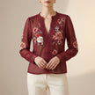Red floral V-neck summer blouse for women with long sleeves, stylish FJØRNA top perfect for warm weather.