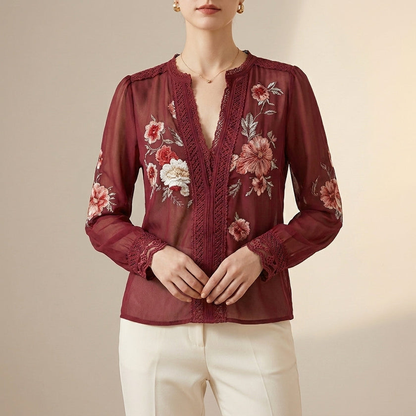 Red floral V-neck summer blouse for women with long sleeves, stylish FJØRNA top perfect for warm weather.