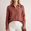 Red striped summer blouse for women by FJØRNA featuring long sleeves and a button-front design.