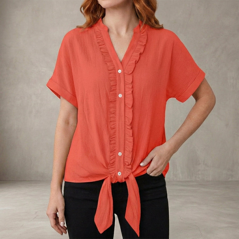 FJØRNA summer women's blouse in red denim with V-neck and ruffle details, casual V-neck denim top for women.