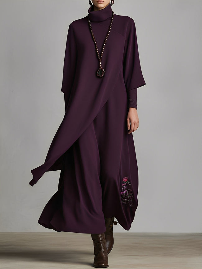 Red cotton turtleneck maxi dress by FJØRNA, flowing evening dress with long sleeves and elegant silhouette.
