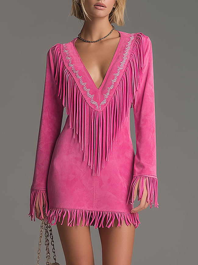Red faux suede tassel mini western dress by FJØRNA, featuring western-style design and casual fit, shown on a model.