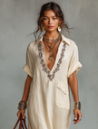 Red Linen Embroidered Maxi Dress For Women
