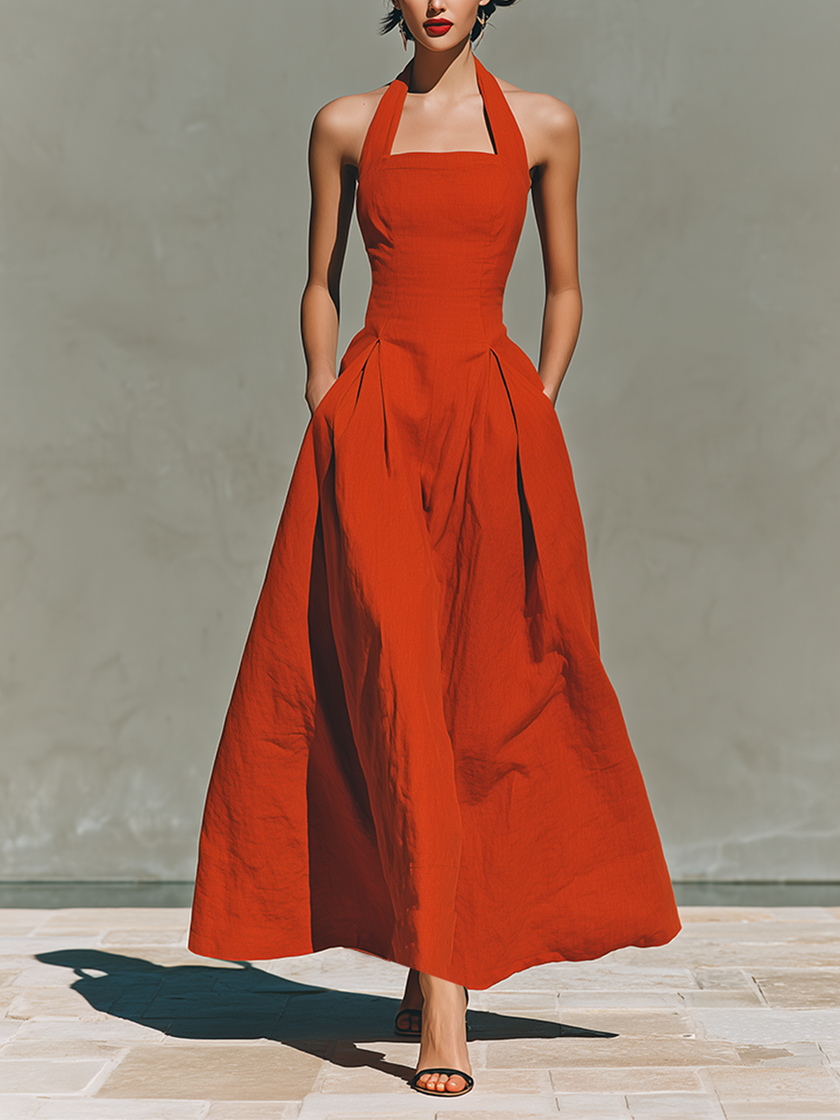Red Linen Halter Neck Maxi Dress | Casual Dress