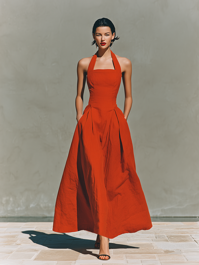 Red linen halter neck maxi dress by FJØRNA, casual style with flowing fabric and elegant halter neckline, perfect for warm weather.