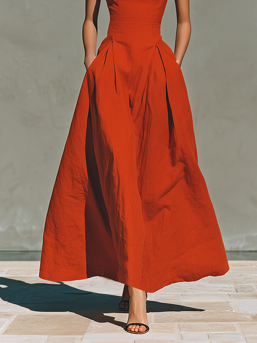 Red Linen Halter Neck Maxi Dress | Casual Dress