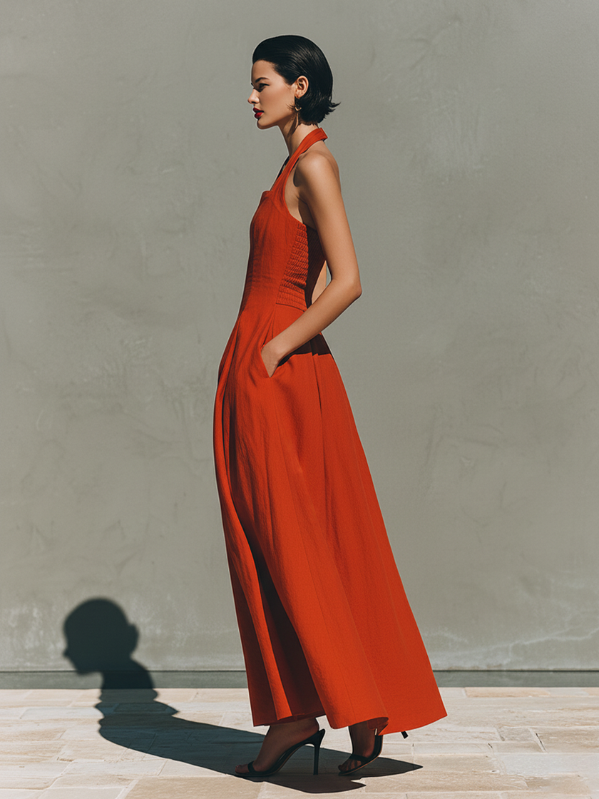 Red Linen Halter Neck Maxi Dress | Casual Dress