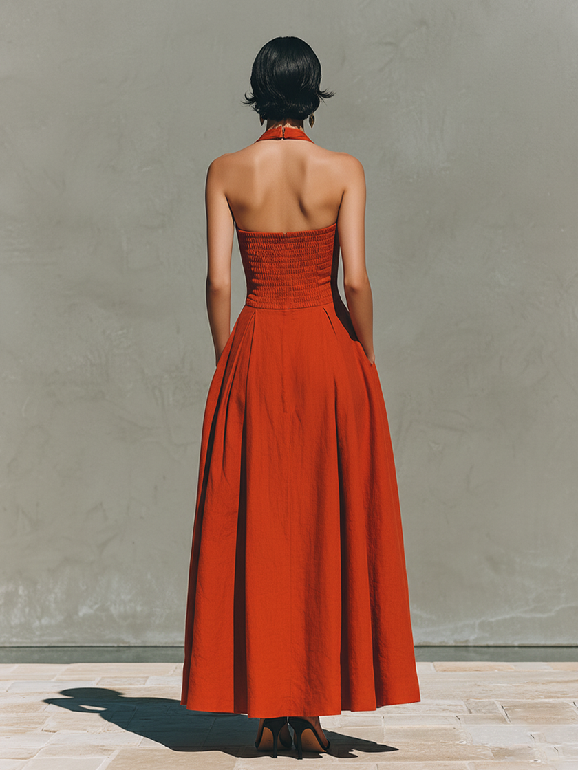 Red Linen Halter Neck Maxi Dress | Casual Dress