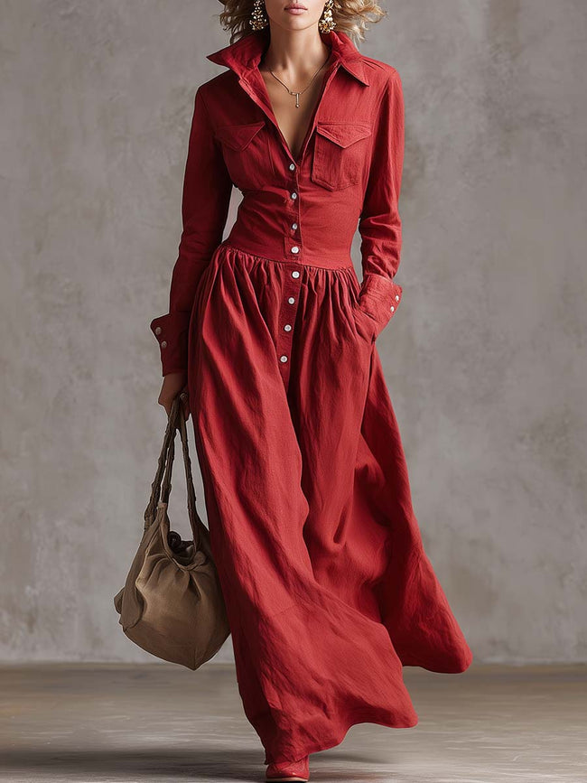 Red linen maxi dress by FJØRNA, casual flowy dress with a relaxed fit, featuring a sleeveless design and a V-neck neckline.