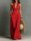 Red Linen Sleeveless Maxi Dress For Women