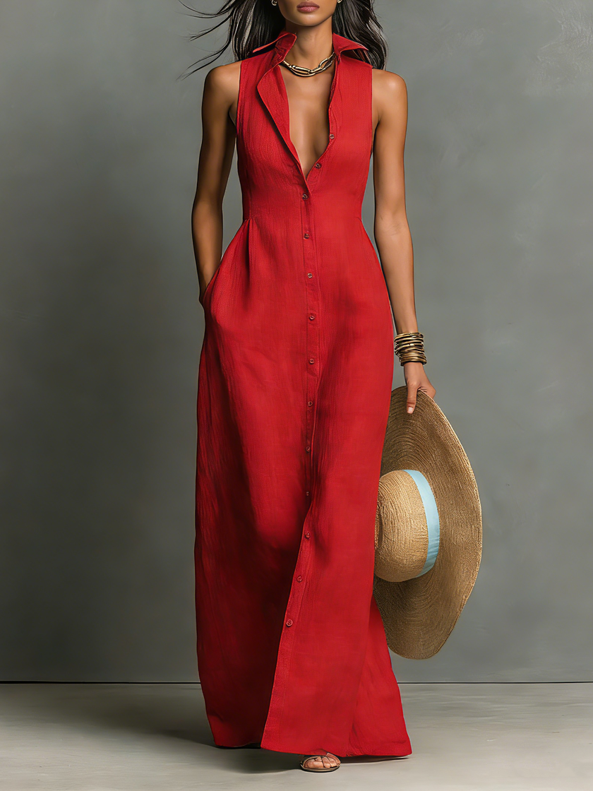 Red Linen Sleeveless Maxi Dress For Women