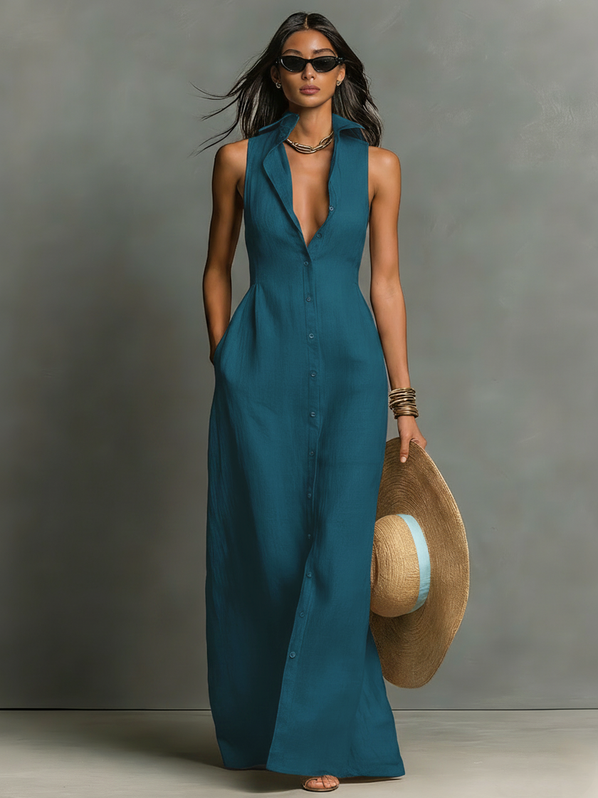 Red Linen Sleeveless Maxi Dress For Women