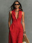 Red Linen Sleeveless Maxi Dress For Women