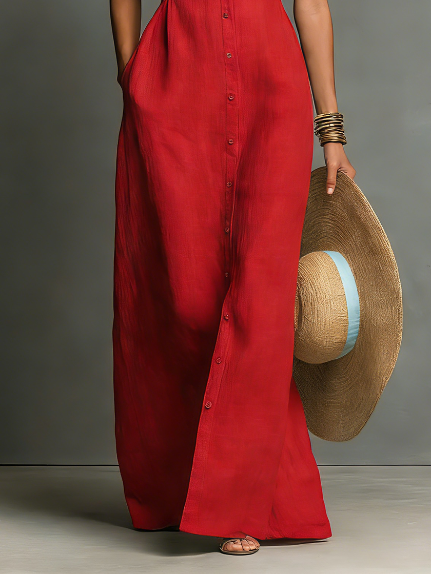 Red Linen Sleeveless Maxi Dress For Women