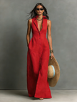 Red Linen Sleeveless Maxi Dress For Women