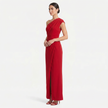 Red women's one-shoulder maxi evening dress by FJØRNA, featuring an asymmetric neckline and 3/4 side profile view.