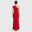 FJØRNA women's red one-shoulder maxi evening dress with asymmetric neckline, back view showcasing elegant flowing fabric.