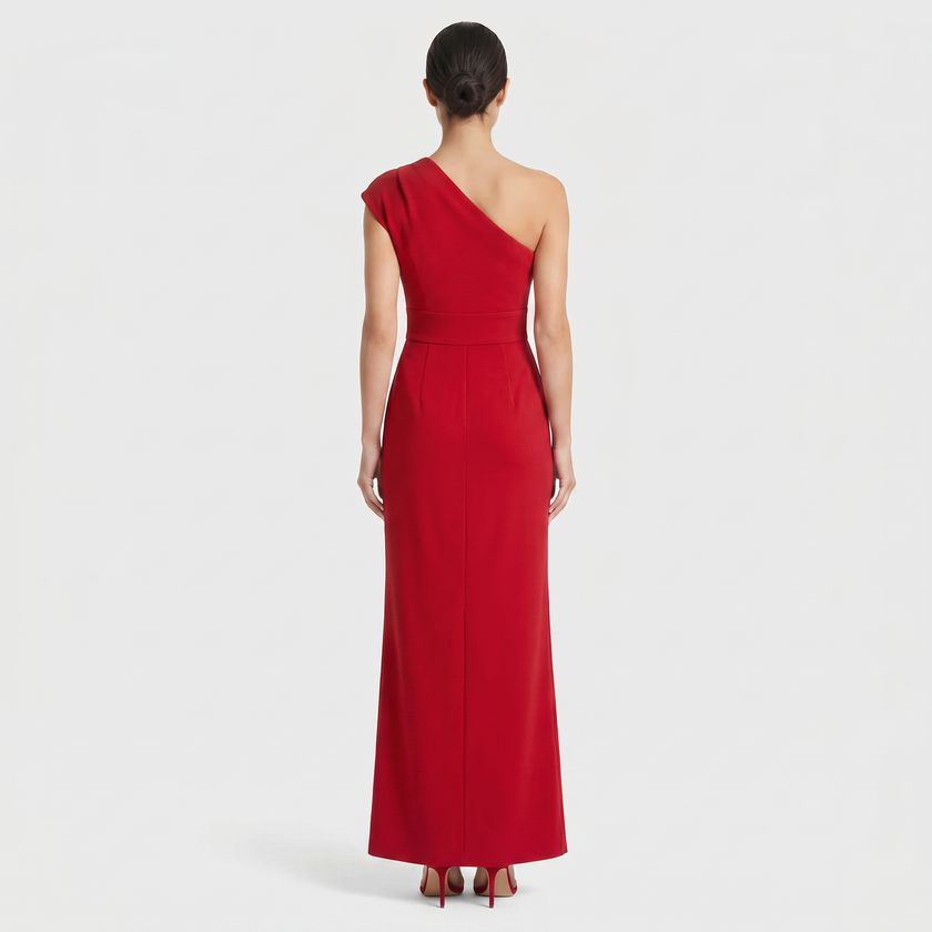 FJØRNA women's red one-shoulder maxi evening dress with asymmetric neckline, back view showcasing elegant flowing fabric.