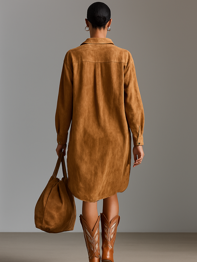 Red suede V-neck midi dress for women by FJØRNA, featuring a fitted silhouette and stylish V-neckline.