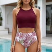 Red high waist floral summer bikini for women by FJØRNA, featuring a stylish swimwear design with a vibrant floral pattern.