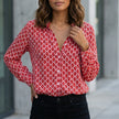 Red geometric V-neck long sleeve summer blouse for women by FJØRNA, featuring a stylish and comfortable design.