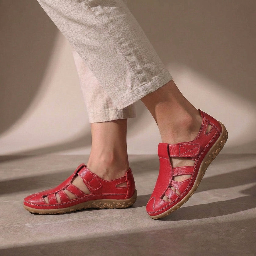 Red FJØRNA orthopedic cutout fisherman sandals for women with open toe and strap detailing