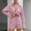 Red FJØRNA women's summer two-piece striped co-ord set with drawstring top and matching skirt, casual and stylish for warm weather.
