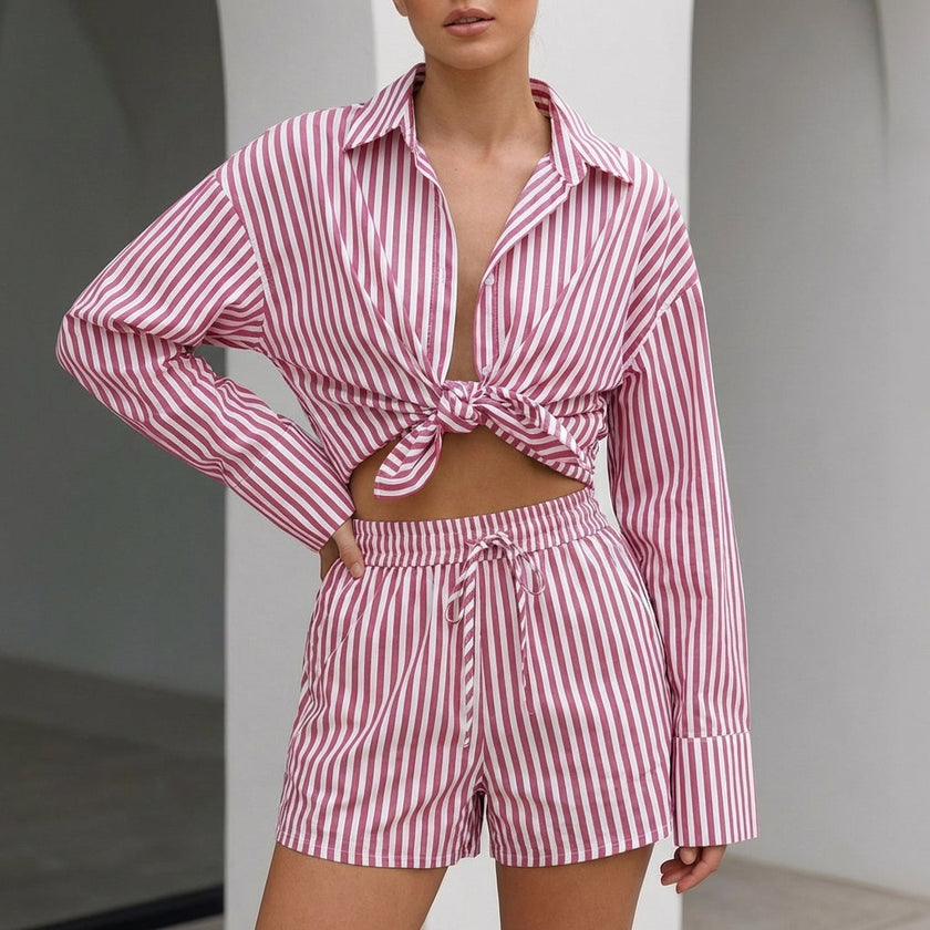 Red FJØRNA women's summer two-piece striped co-ord set with drawstring top and matching skirt, casual and stylish for warm weather.