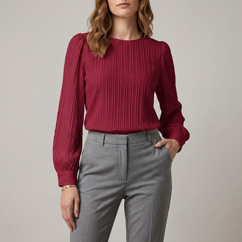 Red FJØRNA women's long sleeve denim pleated summer blouse with a relaxed fit and stylish design.