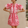 FJØRNA red puff sleeve button-front top and A-line mini skirt matching set with band collar, stylish and coordinated ensemble.