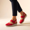Red FJØRNA orthopedic platform espadrille sandals for women with supportive design and woven jute sole.