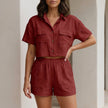 FJØRNA red button front pocket shirt and shorts lounge set, 2-piece casual sleepwear with short sleeves and relaxed fit.