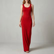Red Valentina Rossi sleeveless scoop neck maxi dress by FJØRNA featuring a body-skimming silhouette and flowing fabric.