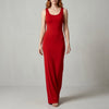 Red Valentina Rossi sleeveless scoop neck maxi dress by FJØRNA featuring a body-skimming silhouette and flowing fabric.