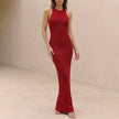 Red ribbed bodycon high neck sleeveless maxi dress for women by FJØRNA, form-fitting design with a high neckline.