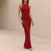 Red ribbed bodycon high neck sleeveless maxi dress for women by FJØRNA, form-fitting design with a high neckline.
