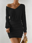 FJØRNA ribbed knit mini dress displayed on a model, featuring a fitted silhouette with long sleeves and a high neckline.
