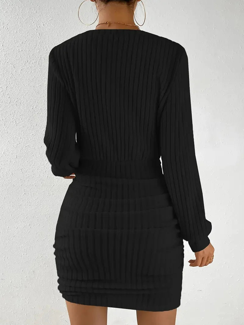 FJØRNA ribbed knit mini dress, close-up of fitted design with textured ribbing and short length, casual and stylish for everyday wear
