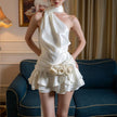 Rose satin backless mini dress for women by FJØRNA, stylish party and cocktail dress with a sleek, elegant design.