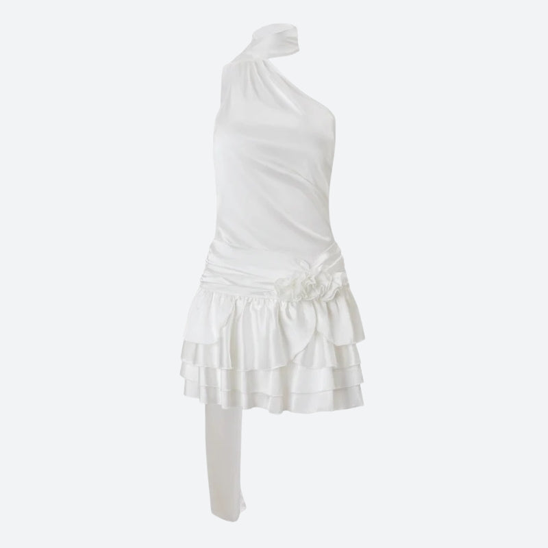 FJØRNA rose satin backless mini dress for women, perfect for parties and cocktails, shown in a stylish, elegant design.