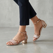 Rose gold orthopedic metallic block heel ankle strap sandals for women by FJØRNA, featuring stylish design and comfortable fit.