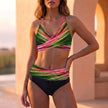 FJØRNA fitted striped wrap front bikini set for women in rose red with adjustable straps and matching bottom for beachwear.