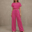 FJØRNA Coastal Breeze textured two-piece lounge set with rose red wide-leg pants, comfortable and stylish for relaxed wear