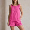 Rose red elegant two-piece women's co-ord set by FJØRNA featuring a button front top and matching pants.