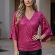 Rose red women's summer blouse with v-neck and sequin details, stylish top from FJØRNA.