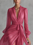Rose pink chiffon V-neck evening dress by FJØRNA, flowing fabric with elegant drape and sleeveless design.